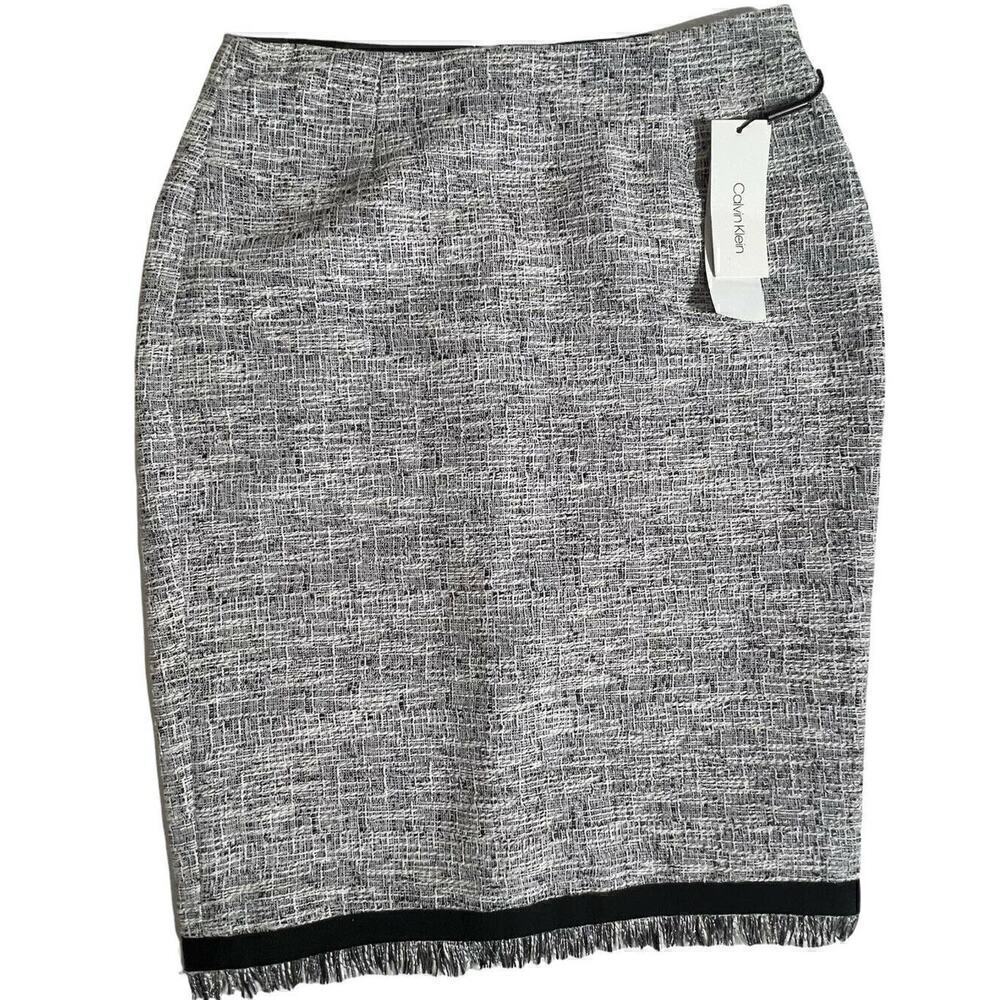 Calvin Klein Pencil Skirt Size 4 Women's Black White Metallic Tweed Fringe New - Picture 4 of 12